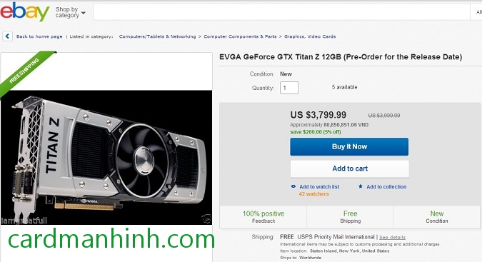 Card màn hình Nvidia GeForce GTX Titan Z được bán trên Ebay với giá 3.799$