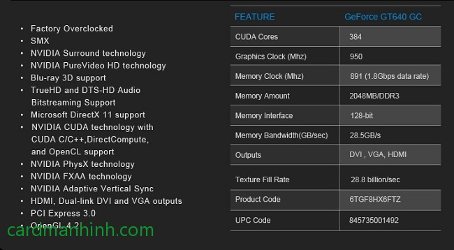 Thông số cụ thể của card màn hình GeForce GT 640 GC 2GB