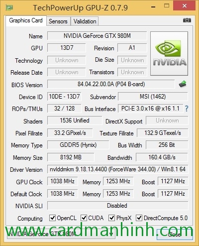 GPU-z GTX 980M có 1 tí sai xót ở ROPs