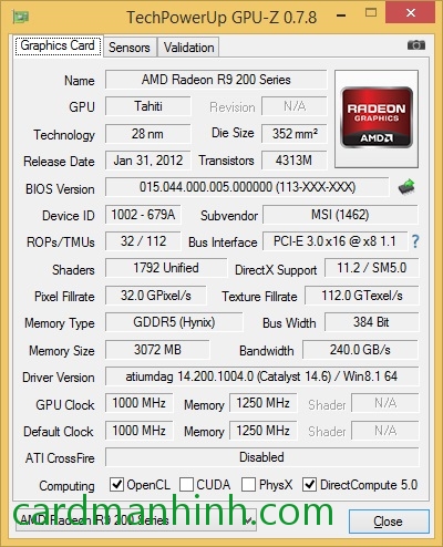 GPU-Z card màn hình MSI Radeon R9 280 3GB Gaming