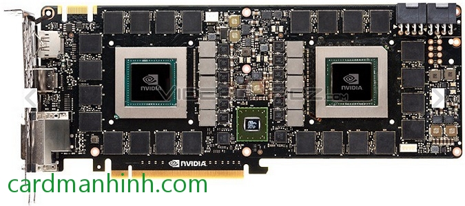 PCB thấy rõ 2 GPU GK110 với sự sắp xếp khá đẹp của các chip và linh kiện khác