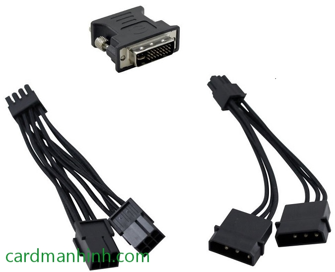 Phụ kiện gồm đầu chuyển DVI-VGA, đầu 8-pin thành 2 đầu 6-pin và đầu chuyển 2 đầu 4-pin thành 6-pin