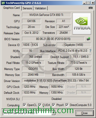 Thông số Gigabyte GTX 650 Ti 2GB Windforce 2X