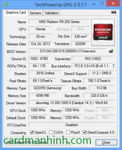 Thông số card màn hình MSI Radeon R9 290X Lightning