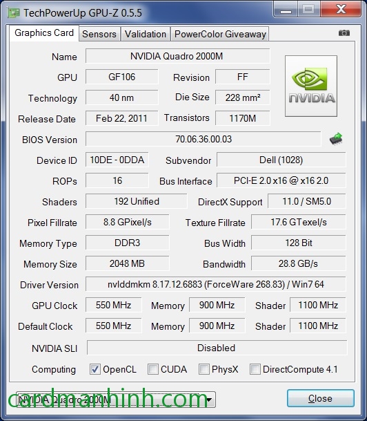Thông số GPU-Z Quadro 2000M