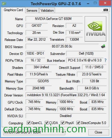 Xem thông tin card màn hình bằng GPU-Z 0.7.6